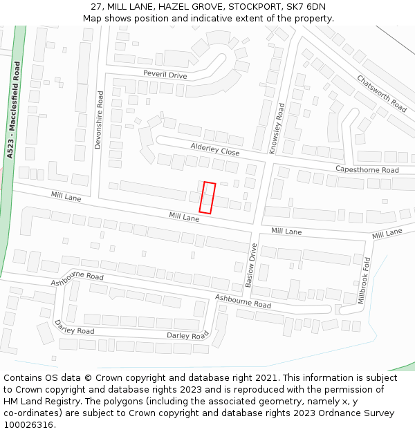 27, MILL LANE, HAZEL GROVE, STOCKPORT, SK7 6DN: Location map and indicative extent of plot