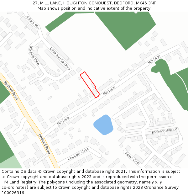 27, MILL LANE, HOUGHTON CONQUEST, BEDFORD, MK45 3NF: Location map and indicative extent of plot
