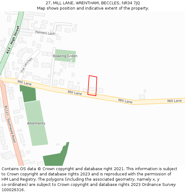 27, MILL LANE, WRENTHAM, BECCLES, NR34 7JQ: Location map and indicative extent of plot