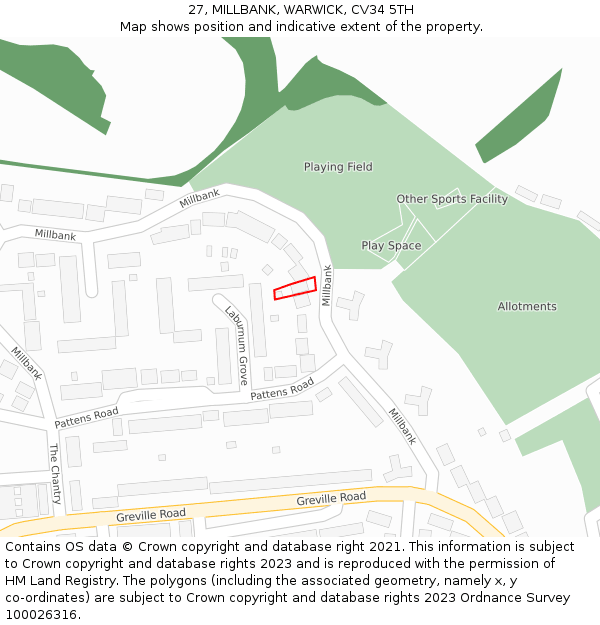 27, MILLBANK, WARWICK, CV34 5TH: Location map and indicative extent of plot