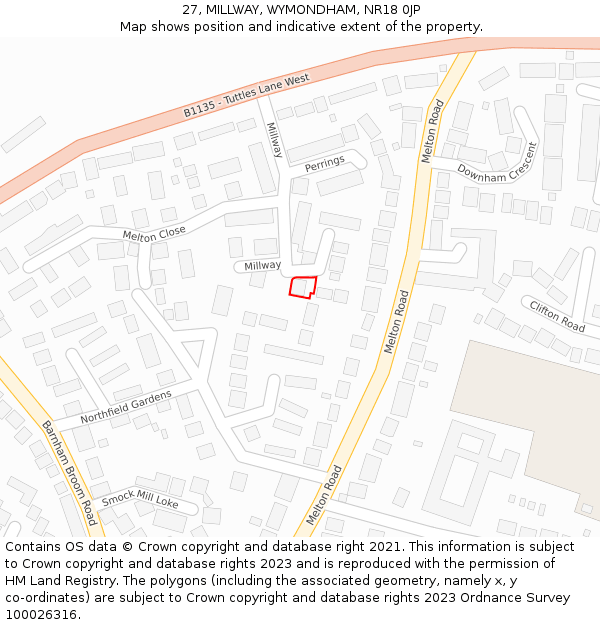 27, MILLWAY, WYMONDHAM, NR18 0JP: Location map and indicative extent of plot