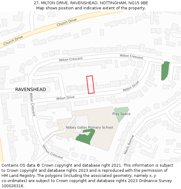 27, MILTON DRIVE, RAVENSHEAD, NOTTINGHAM, NG15 9BE: Location map and indicative extent of plot