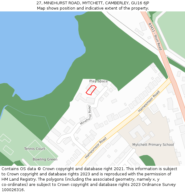 27, MINEHURST ROAD, MYTCHETT, CAMBERLEY, GU16 6JP: Location map and indicative extent of plot