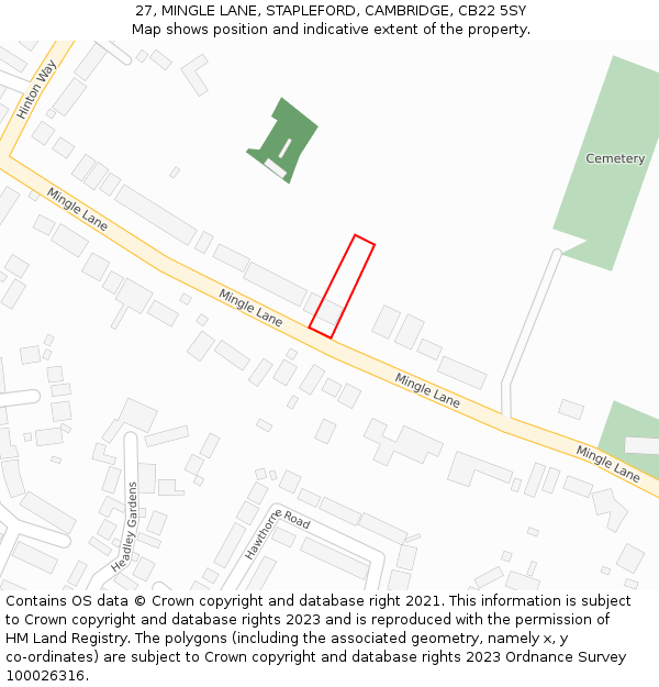 27, MINGLE LANE, STAPLEFORD, CAMBRIDGE, CB22 5SY: Location map and indicative extent of plot