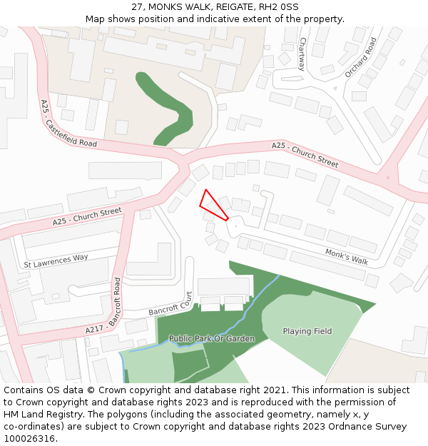 27, MONKS WALK, REIGATE, RH2 0SS: Location map and indicative extent of plot