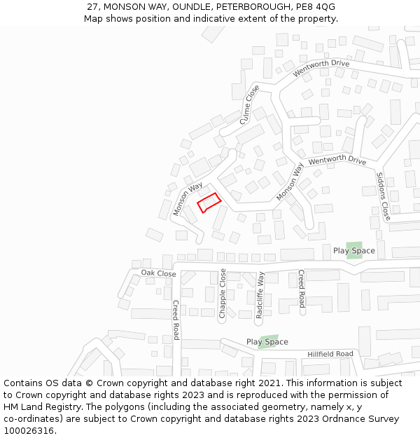 27, MONSON WAY, OUNDLE, PETERBOROUGH, PE8 4QG: Location map and indicative extent of plot