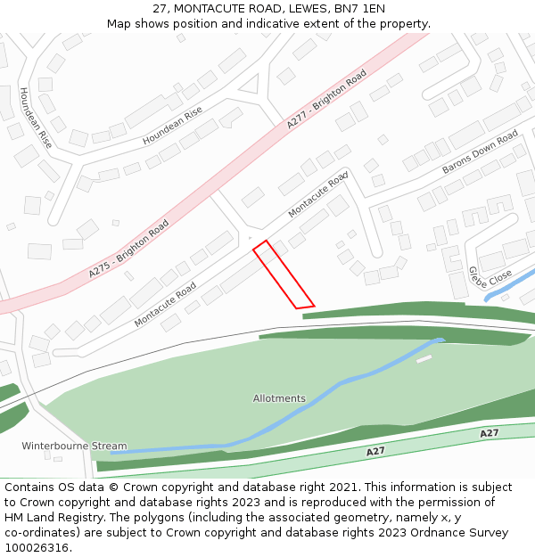 27, MONTACUTE ROAD, LEWES, BN7 1EN: Location map and indicative extent of plot