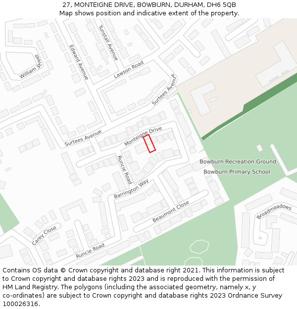 27, MONTEIGNE DRIVE, BOWBURN, DURHAM, DH6 5QB: Location map and indicative extent of plot