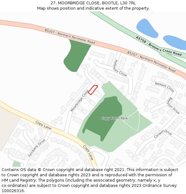 27, MOORBRIDGE CLOSE, BOOTLE, L30 7RL: Location map and indicative extent of plot