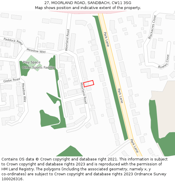 27, MOORLAND ROAD, SANDBACH, CW11 3SG: Location map and indicative extent of plot