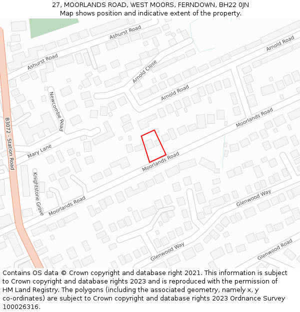 27, MOORLANDS ROAD, WEST MOORS, FERNDOWN, BH22 0JN: Location map and indicative extent of plot