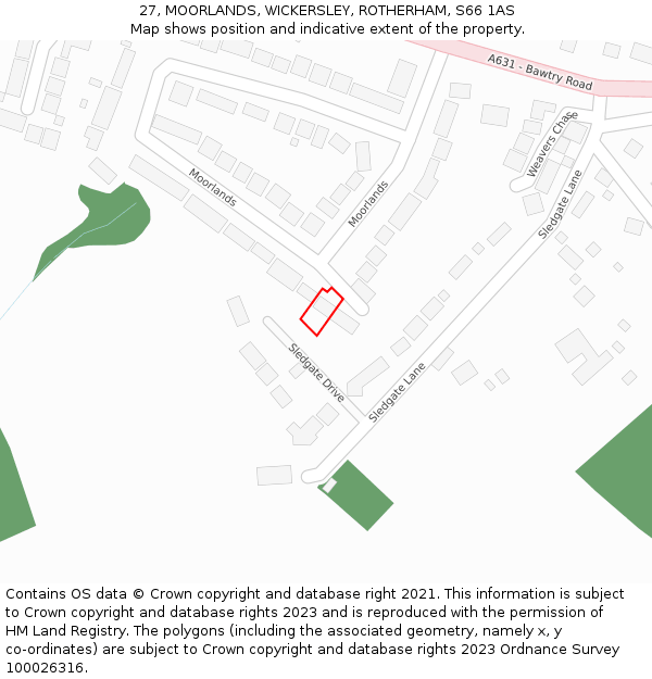 27, MOORLANDS, WICKERSLEY, ROTHERHAM, S66 1AS: Location map and indicative extent of plot