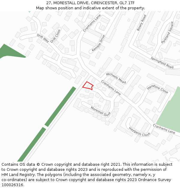 27, MORESTALL DRIVE, CIRENCESTER, GL7 1TF: Location map and indicative extent of plot