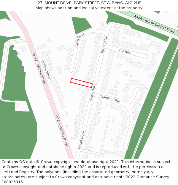 27, MOUNT DRIVE, PARK STREET, ST ALBANS, AL2 2NP: Location map and indicative extent of plot