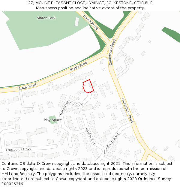 27, MOUNT PLEASANT CLOSE, LYMINGE, FOLKESTONE, CT18 8HF: Location map and indicative extent of plot
