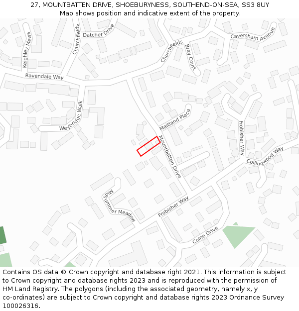 27, MOUNTBATTEN DRIVE, SHOEBURYNESS, SOUTHEND-ON-SEA, SS3 8UY: Location map and indicative extent of plot