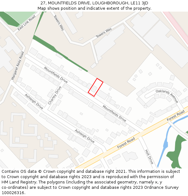 27, MOUNTFIELDS DRIVE, LOUGHBOROUGH, LE11 3JD: Location map and indicative extent of plot
