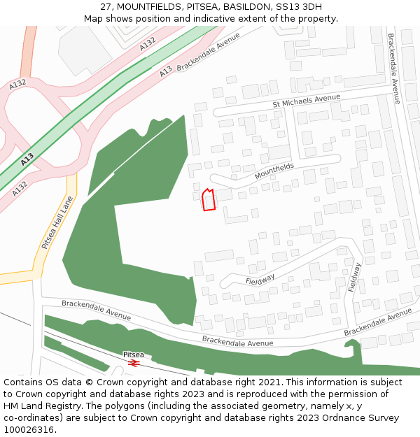 27, MOUNTFIELDS, PITSEA, BASILDON, SS13 3DH: Location map and indicative extent of plot