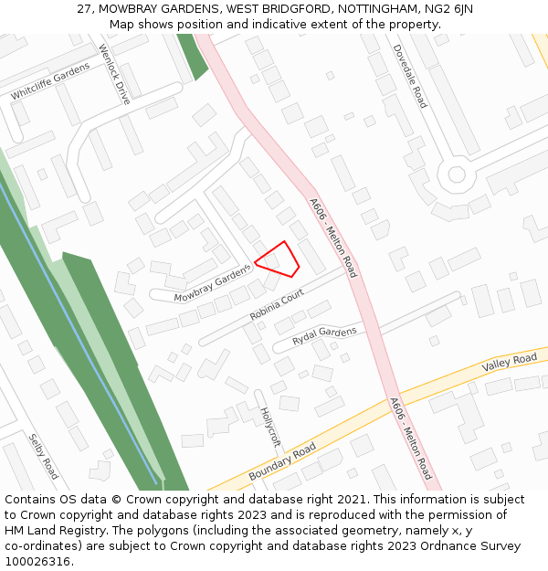 27, MOWBRAY GARDENS, WEST BRIDGFORD, NOTTINGHAM, NG2 6JN: Location map and indicative extent of plot