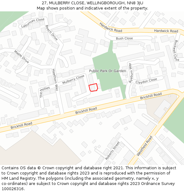 27, MULBERRY CLOSE, WELLINGBOROUGH, NN8 3JU: Location map and indicative extent of plot