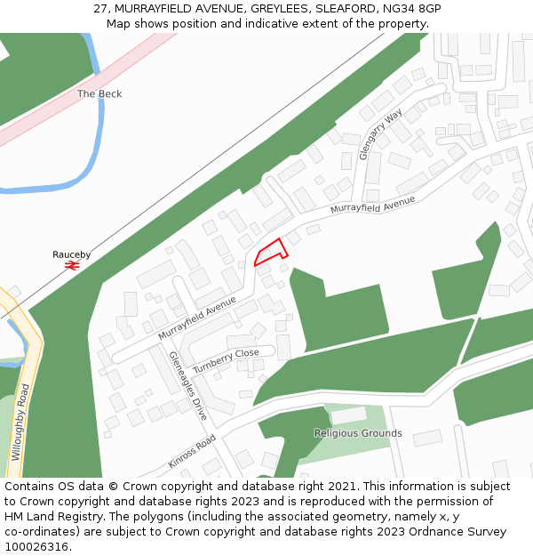 27, MURRAYFIELD AVENUE, GREYLEES, SLEAFORD, NG34 8GP: Location map and indicative extent of plot