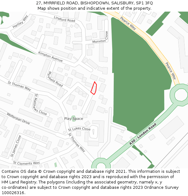27, MYRRFIELD ROAD, BISHOPDOWN, SALISBURY, SP1 3FQ: Location map and indicative extent of plot