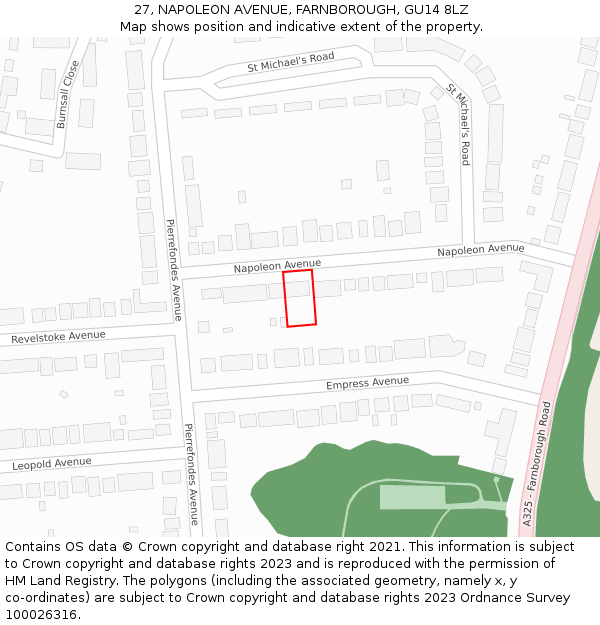 27, NAPOLEON AVENUE, FARNBOROUGH, GU14 8LZ: Location map and indicative extent of plot