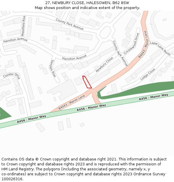 27, NEWBURY CLOSE, HALESOWEN, B62 8SW: Location map and indicative extent of plot