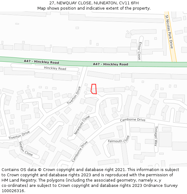 27, NEWQUAY CLOSE, NUNEATON, CV11 6FH: Location map and indicative extent of plot