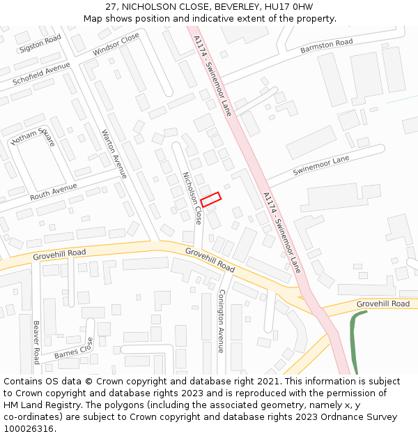 27, NICHOLSON CLOSE, BEVERLEY, HU17 0HW: Location map and indicative extent of plot