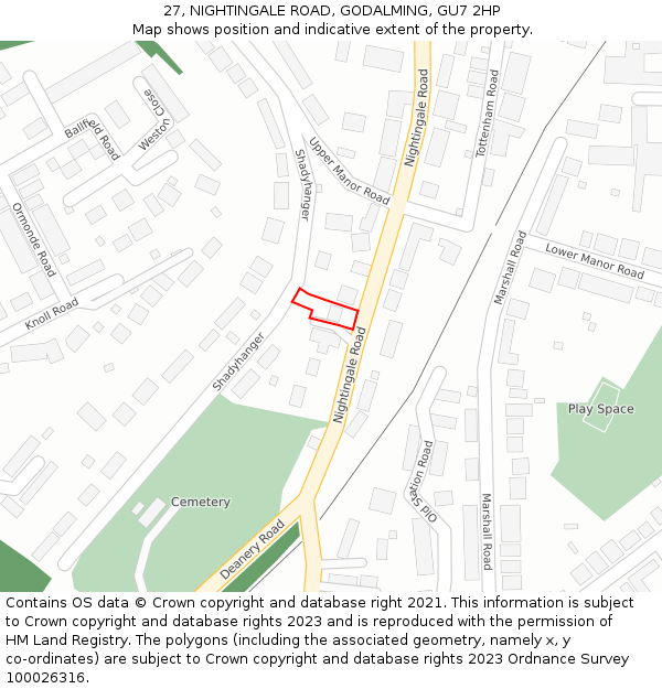 27, NIGHTINGALE ROAD, GODALMING, GU7 2HP: Location map and indicative extent of plot