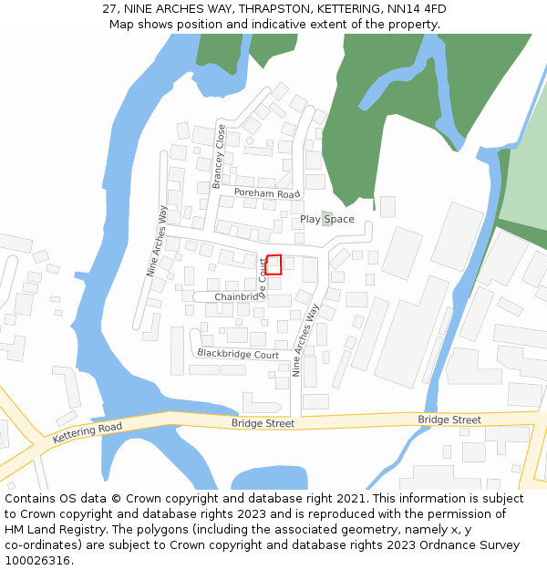 27, NINE ARCHES WAY, THRAPSTON, KETTERING, NN14 4FD: Location map and indicative extent of plot