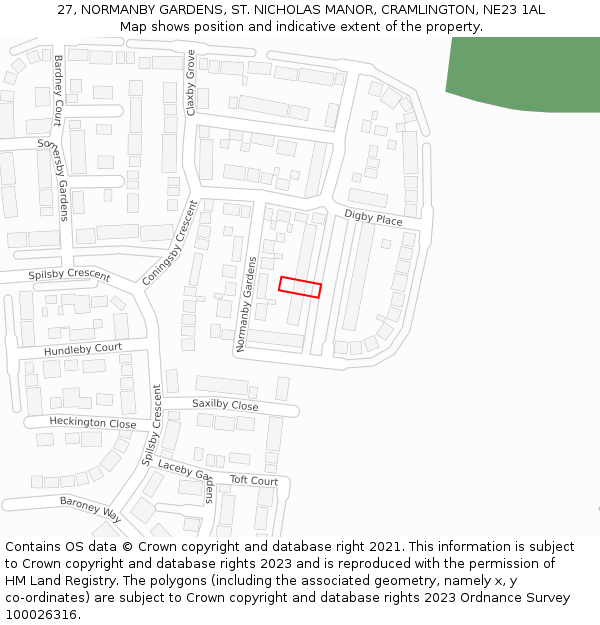 27, NORMANBY GARDENS, ST. NICHOLAS MANOR, CRAMLINGTON, NE23 1AL: Location map and indicative extent of plot