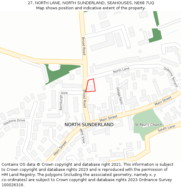 27, NORTH LANE, NORTH SUNDERLAND, SEAHOUSES, NE68 7UQ: Location map and indicative extent of plot