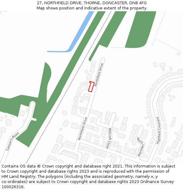 27, NORTHFIELD DRIVE, THORNE, DONCASTER, DN8 4FG: Location map and indicative extent of plot