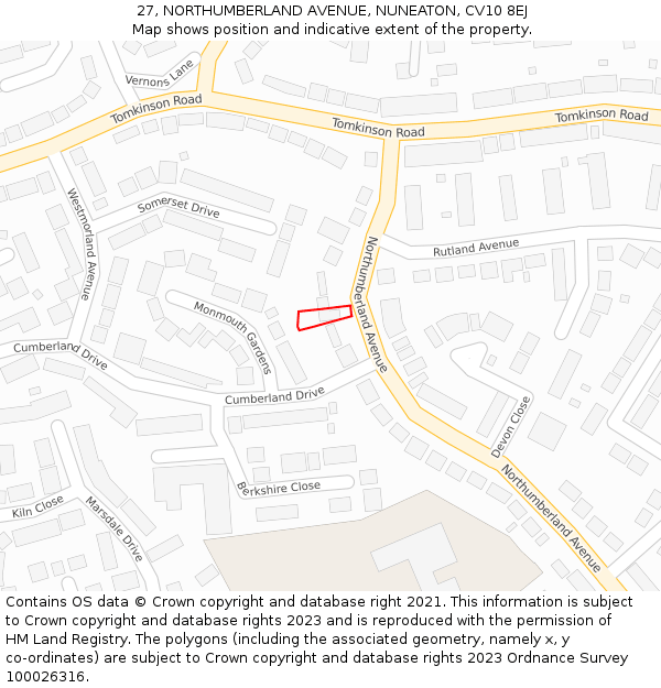 27, NORTHUMBERLAND AVENUE, NUNEATON, CV10 8EJ: Location map and indicative extent of plot