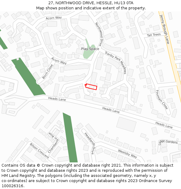 27, NORTHWOOD DRIVE, HESSLE, HU13 0TA: Location map and indicative extent of plot