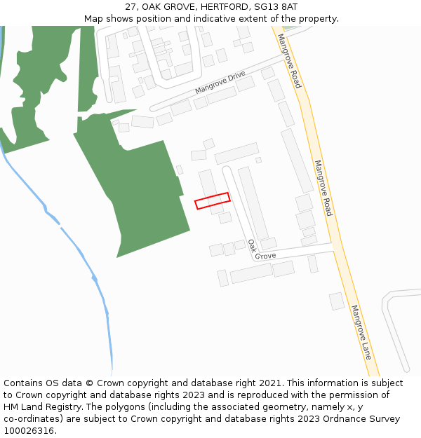 27, OAK GROVE, HERTFORD, SG13 8AT: Location map and indicative extent of plot