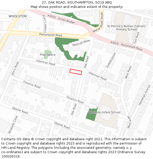 27, OAK ROAD, SOUTHAMPTON, SO19 9BQ: Location map and indicative extent of plot