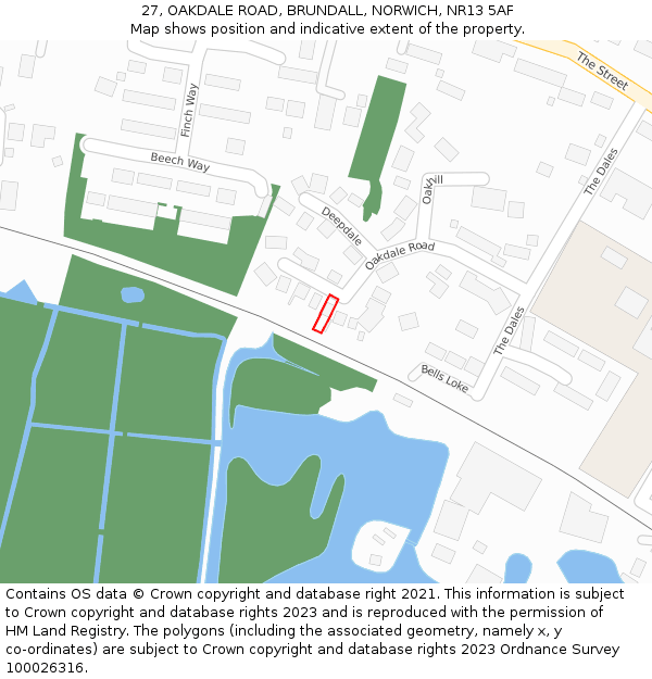 27, OAKDALE ROAD, BRUNDALL, NORWICH, NR13 5AF: Location map and indicative extent of plot