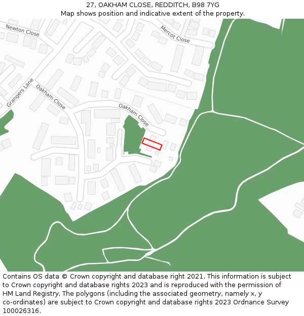 27, OAKHAM CLOSE, REDDITCH, B98 7YG: Location map and indicative extent of plot