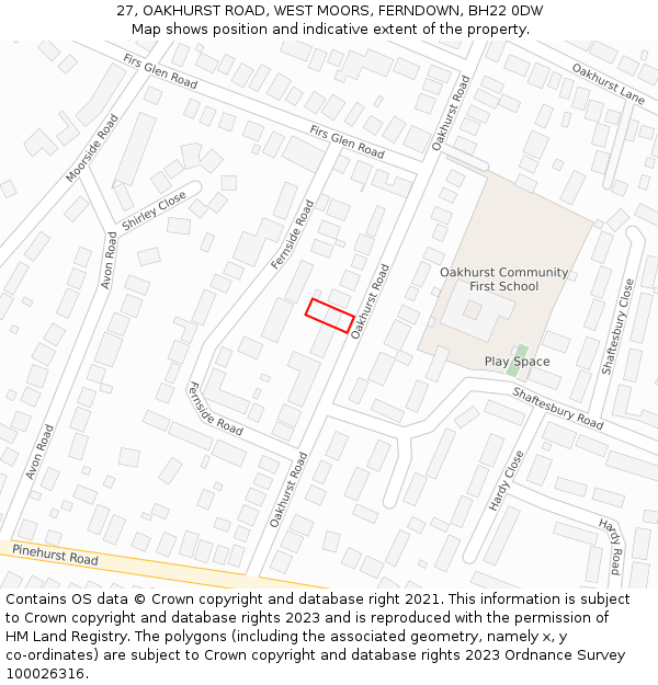 27, OAKHURST ROAD, WEST MOORS, FERNDOWN, BH22 0DW: Location map and indicative extent of plot