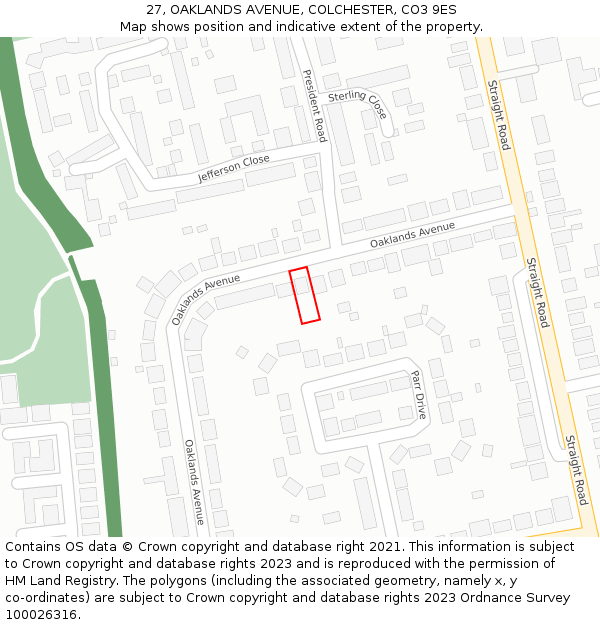 27, OAKLANDS AVENUE, COLCHESTER, CO3 9ES: Location map and indicative extent of plot