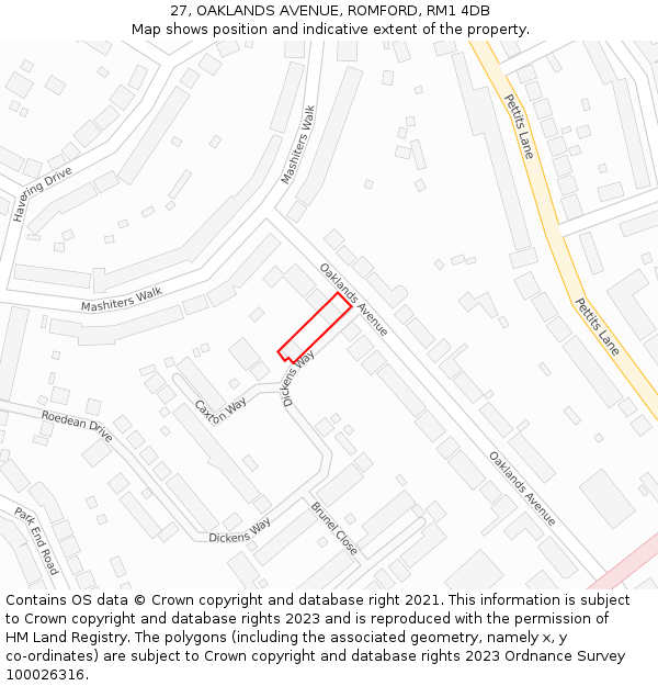 27, OAKLANDS AVENUE, ROMFORD, RM1 4DB: Location map and indicative extent of plot