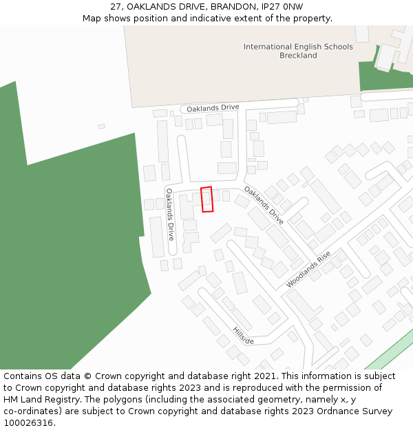 27, OAKLANDS DRIVE, BRANDON, IP27 0NW: Location map and indicative extent of plot