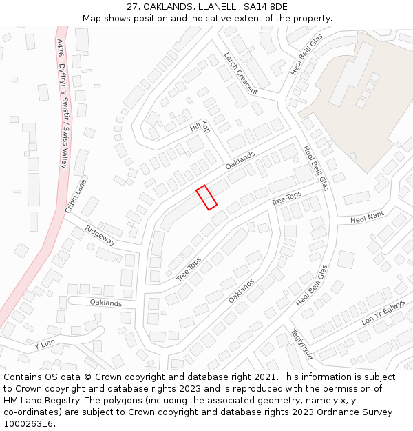 27, OAKLANDS, LLANELLI, SA14 8DE: Location map and indicative extent of plot