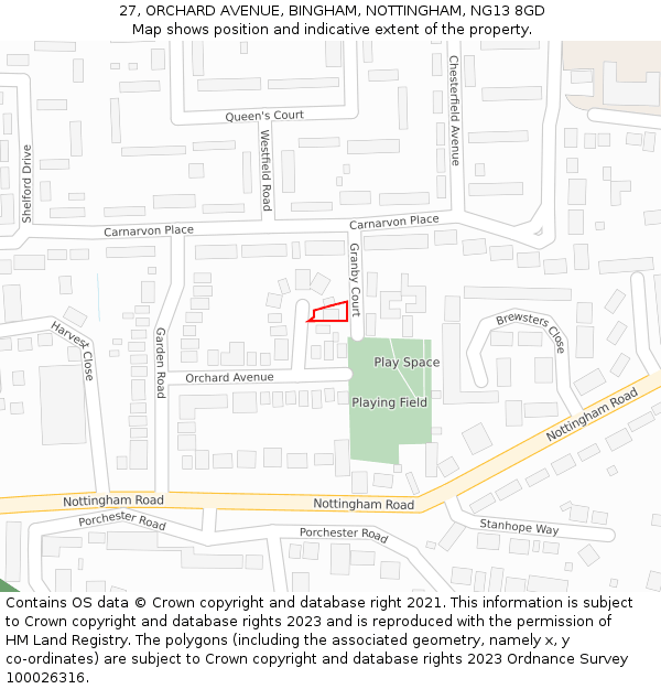 27, ORCHARD AVENUE, BINGHAM, NOTTINGHAM, NG13 8GD: Location map and indicative extent of plot