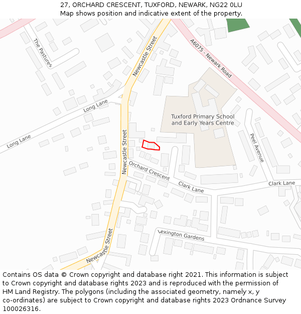 27, ORCHARD CRESCENT, TUXFORD, NEWARK, NG22 0LU: Location map and indicative extent of plot