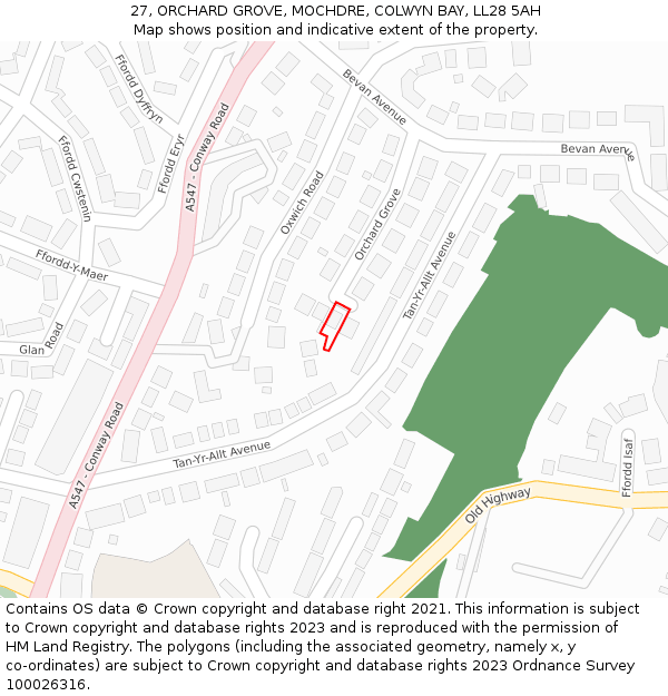 27, ORCHARD GROVE, MOCHDRE, COLWYN BAY, LL28 5AH: Location map and indicative extent of plot