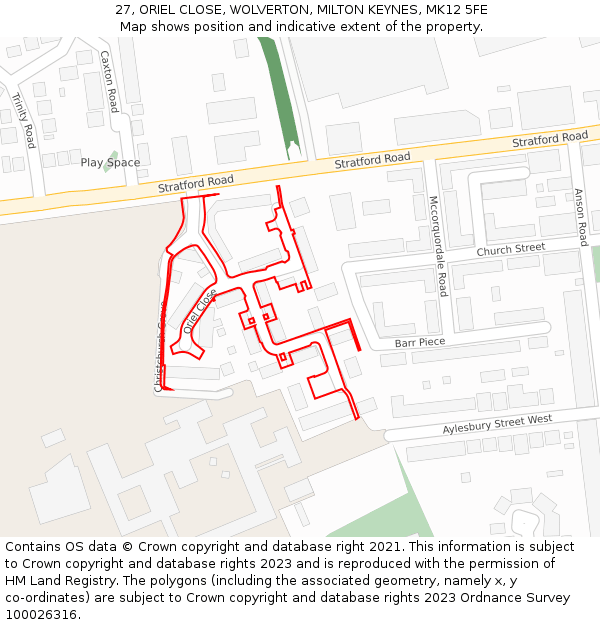 27, ORIEL CLOSE, WOLVERTON, MILTON KEYNES, MK12 5FE: Location map and indicative extent of plot